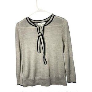 1901 Womens Grey Sweater With Black Trim & Tie Neckline, preppy, 50% Merino wool